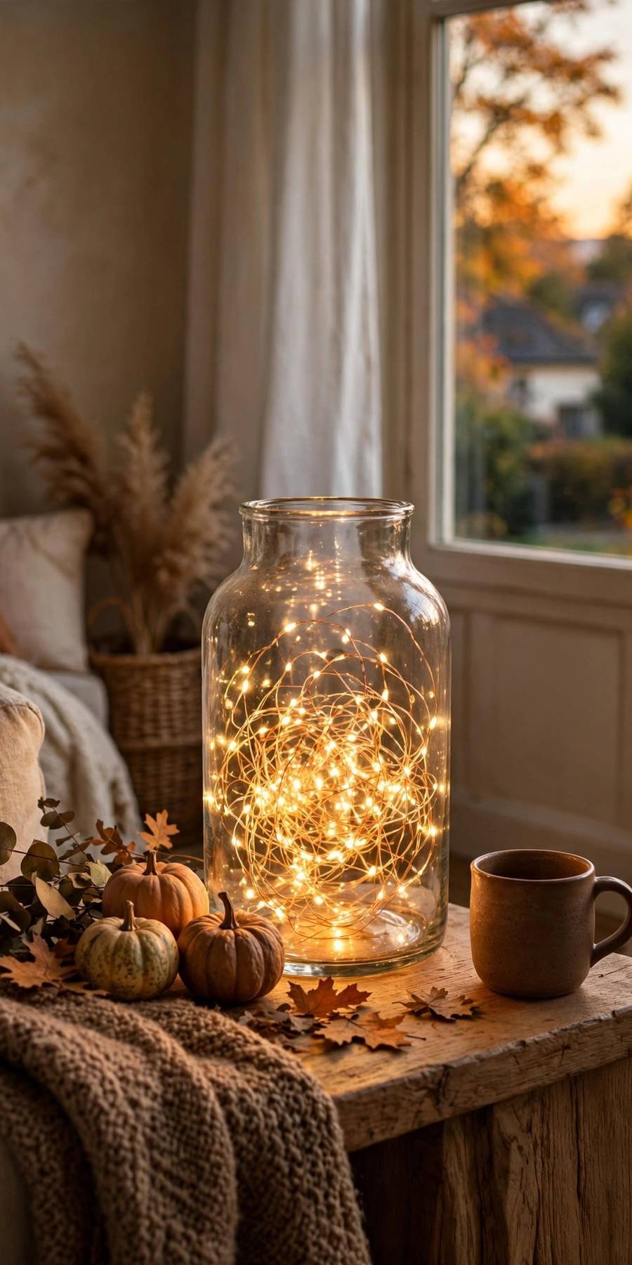 fall living room decor ideas: glass vase filled with glowing fairy lights