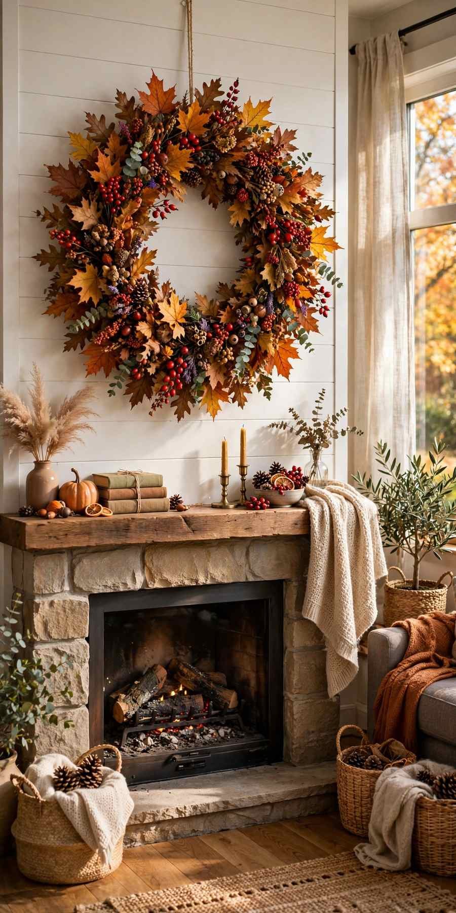fall living room decor ideas: large fall wreath hanging above a fireplace mantel