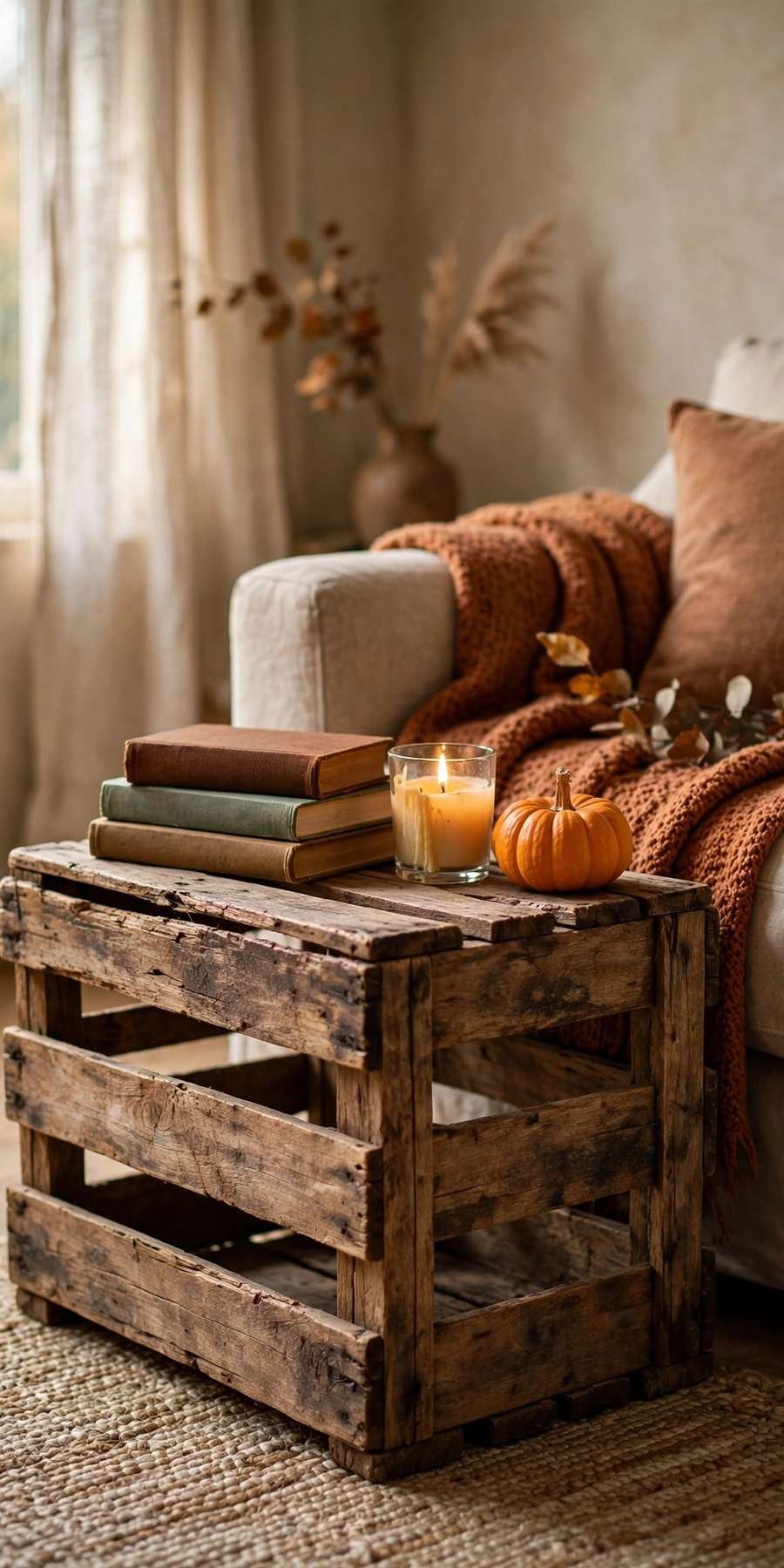 fall living room decor ideas: wooden crate used as a rustic side table
