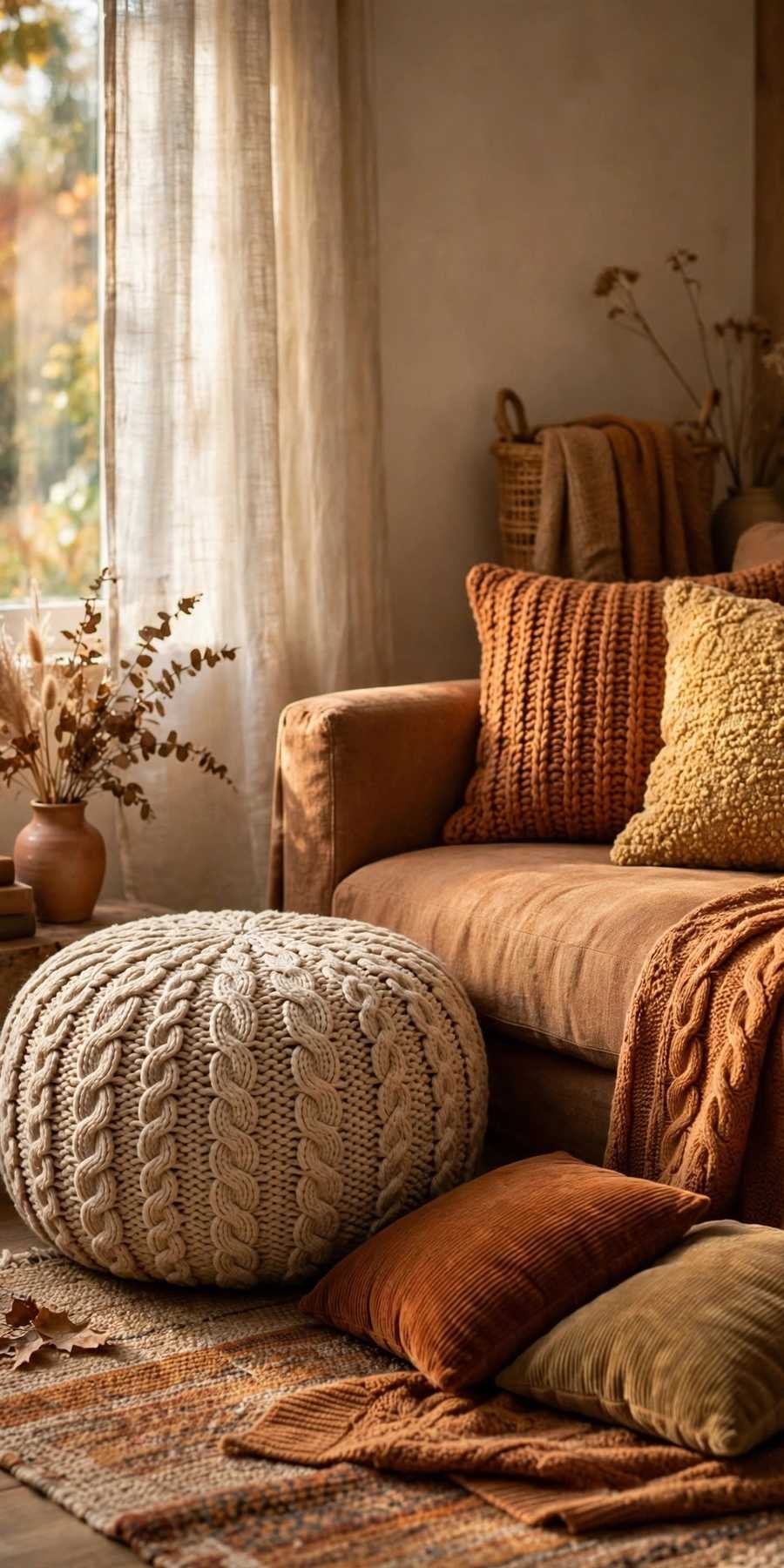 fall living room decor ideas: knit pouf and textured cushions beside a sofa