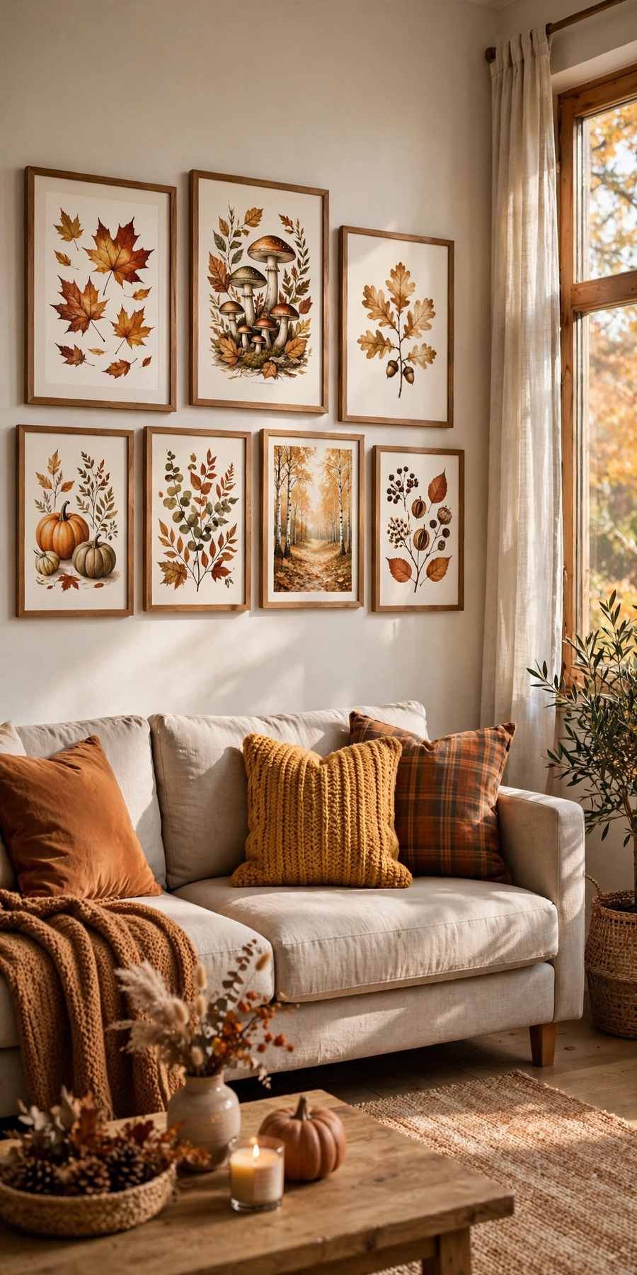 fall living room decor ideas: gallery wall of autumn art prints above a sofa