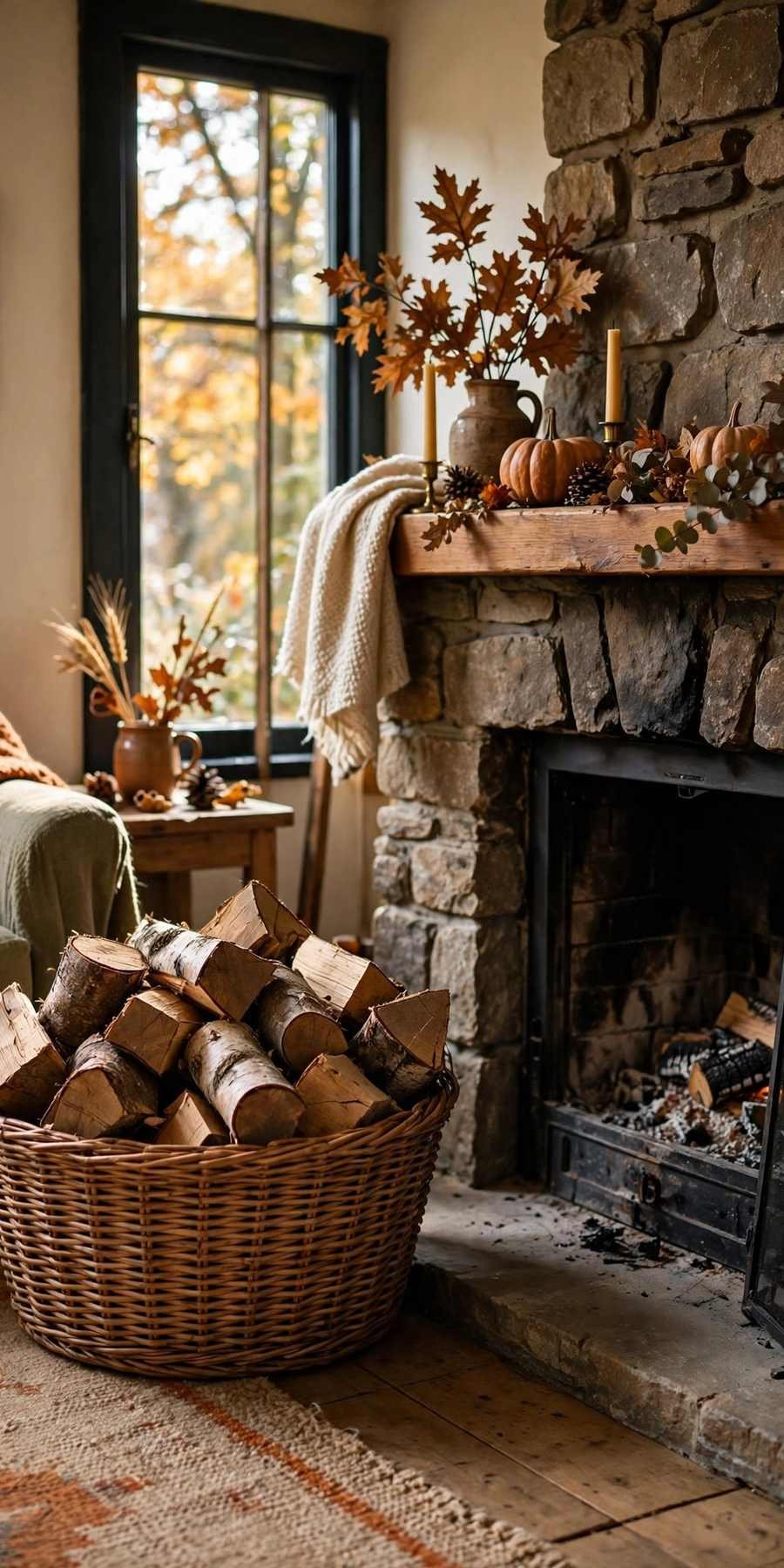fall living room decor ideas: basket of firewood beside a fireplace