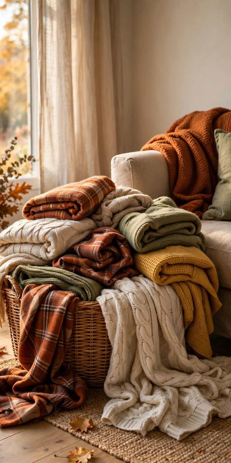 fall living room decor ideas: woven basket of throw blankets beside a sofa