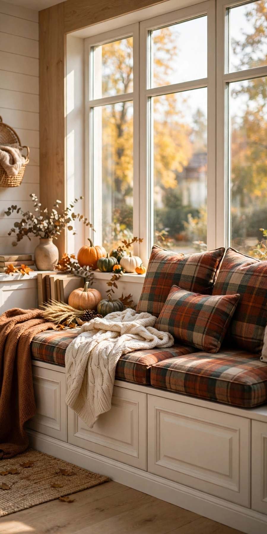 fall living room decor ideas: window seat with plaid cushions and pumpkins