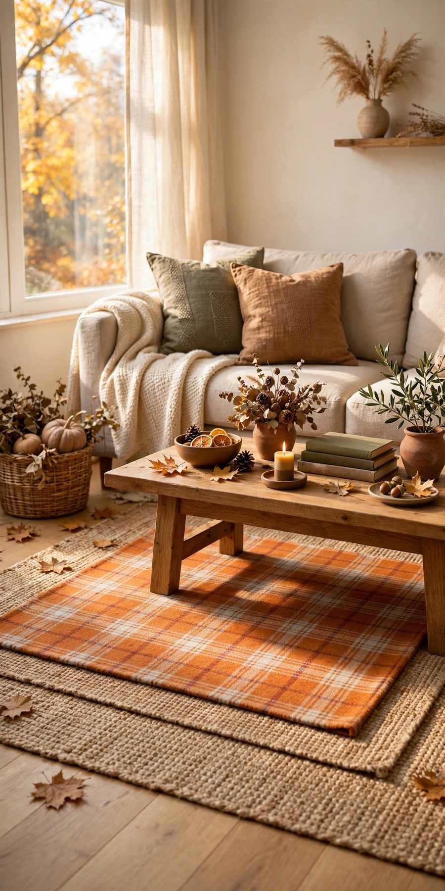 fall living room decor ideas: plaid rug layered over a neutral rug