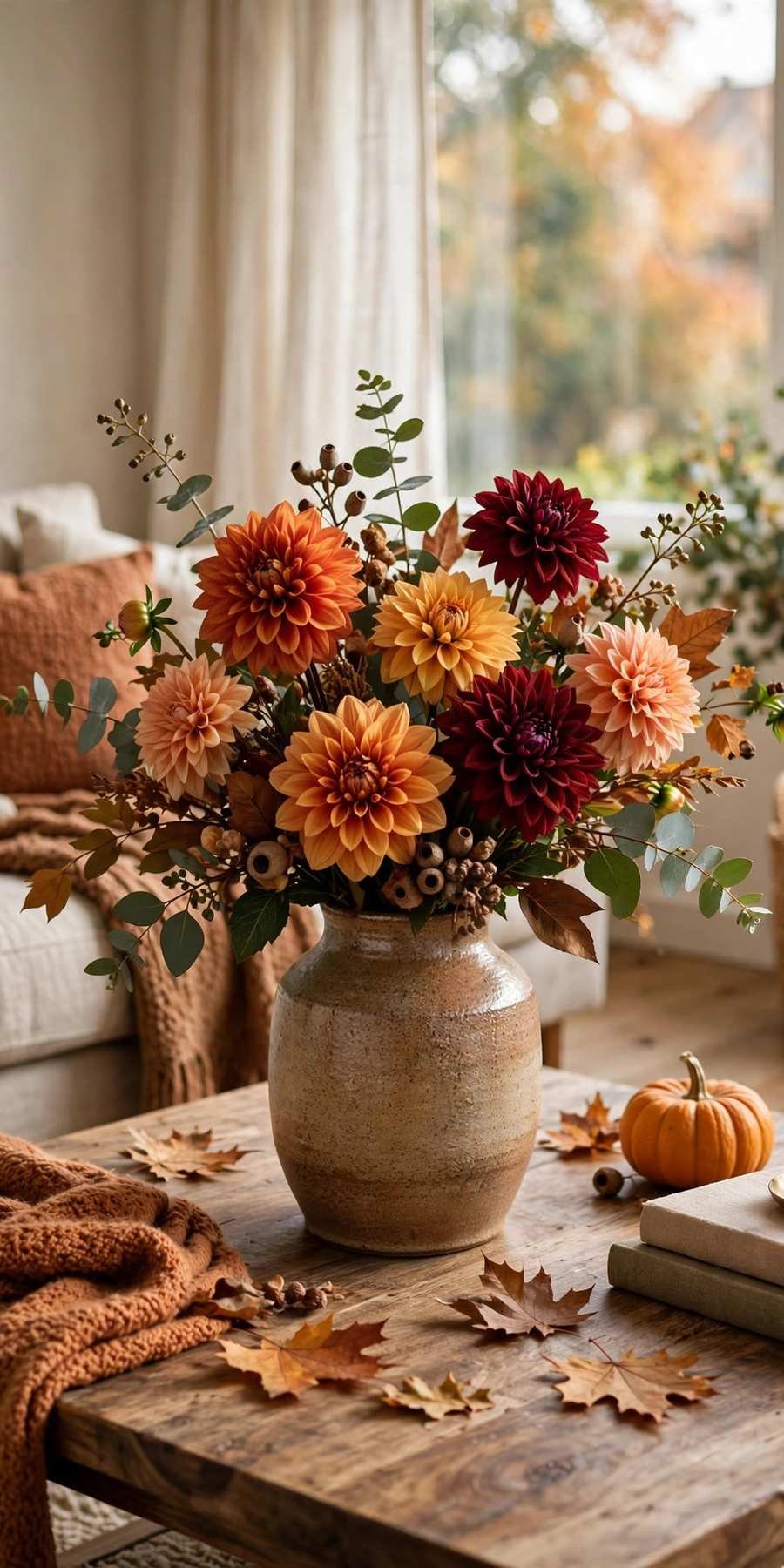 fall living room decor ideas: ceramic vase with fall dahlias and eucalyptus