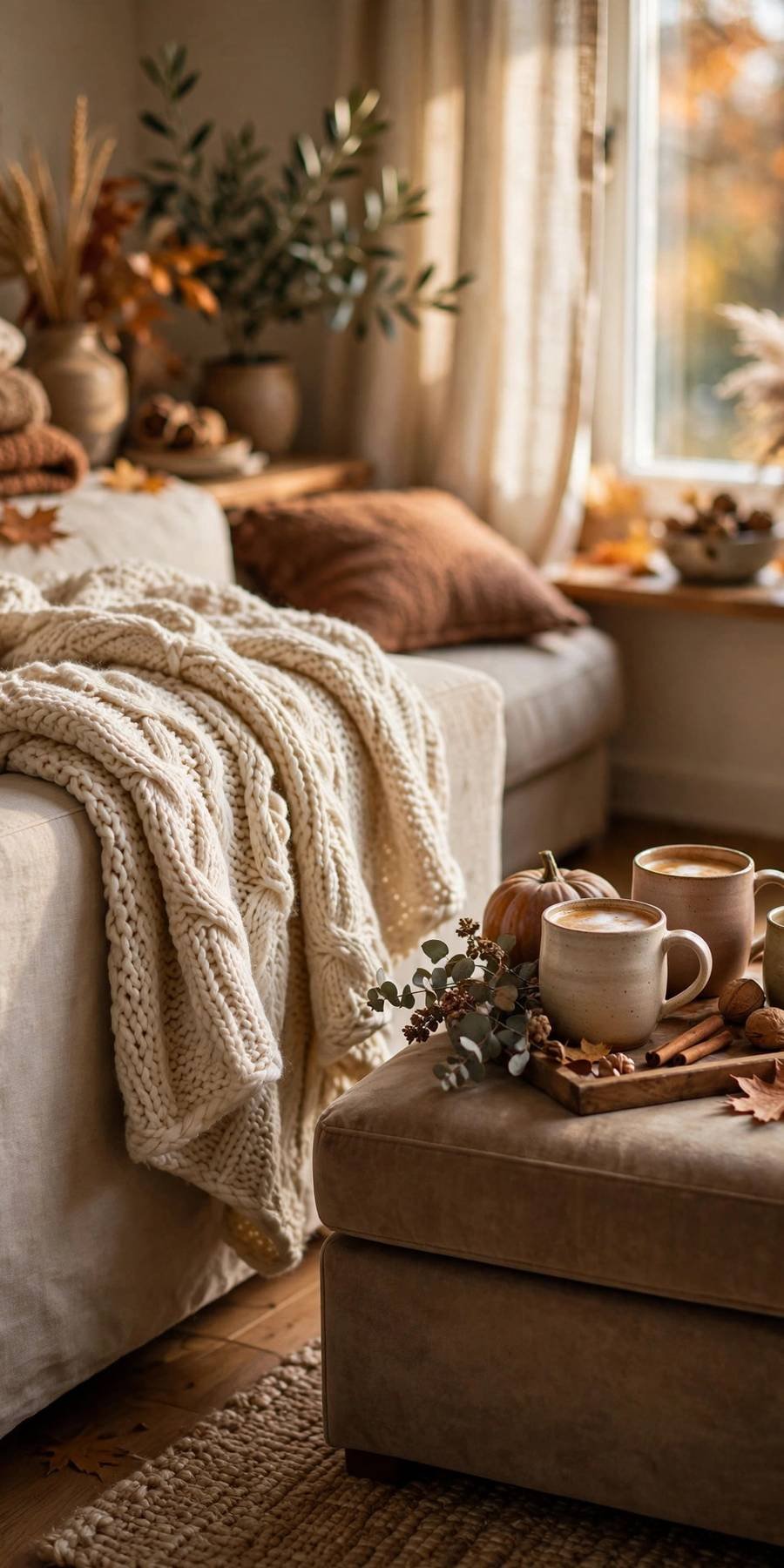 fall living room decor ideas: chunky knit throw on a sofa with a mug tray