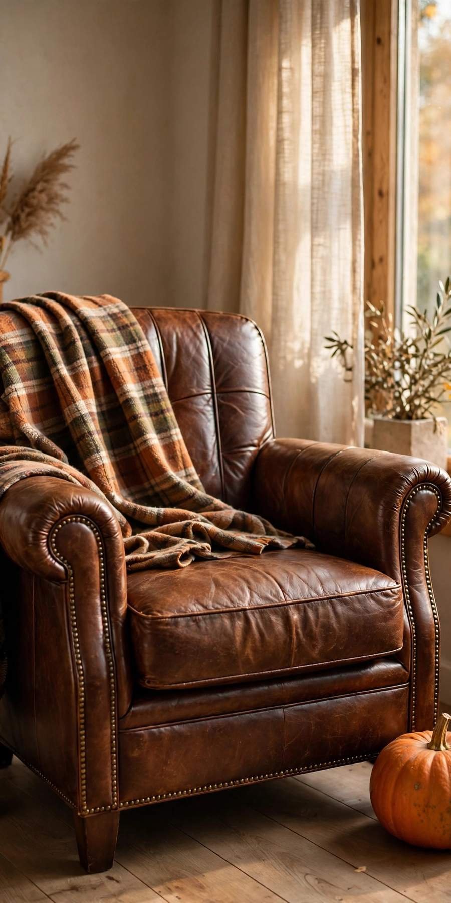 fall living room decor ideas: leather accent chair with a plaid throw