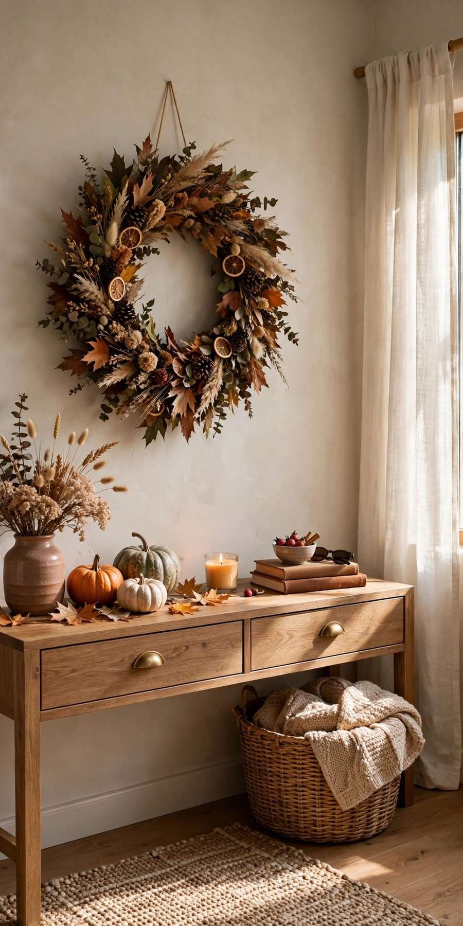 fall living room decor ideas: entryway console table styled for fall