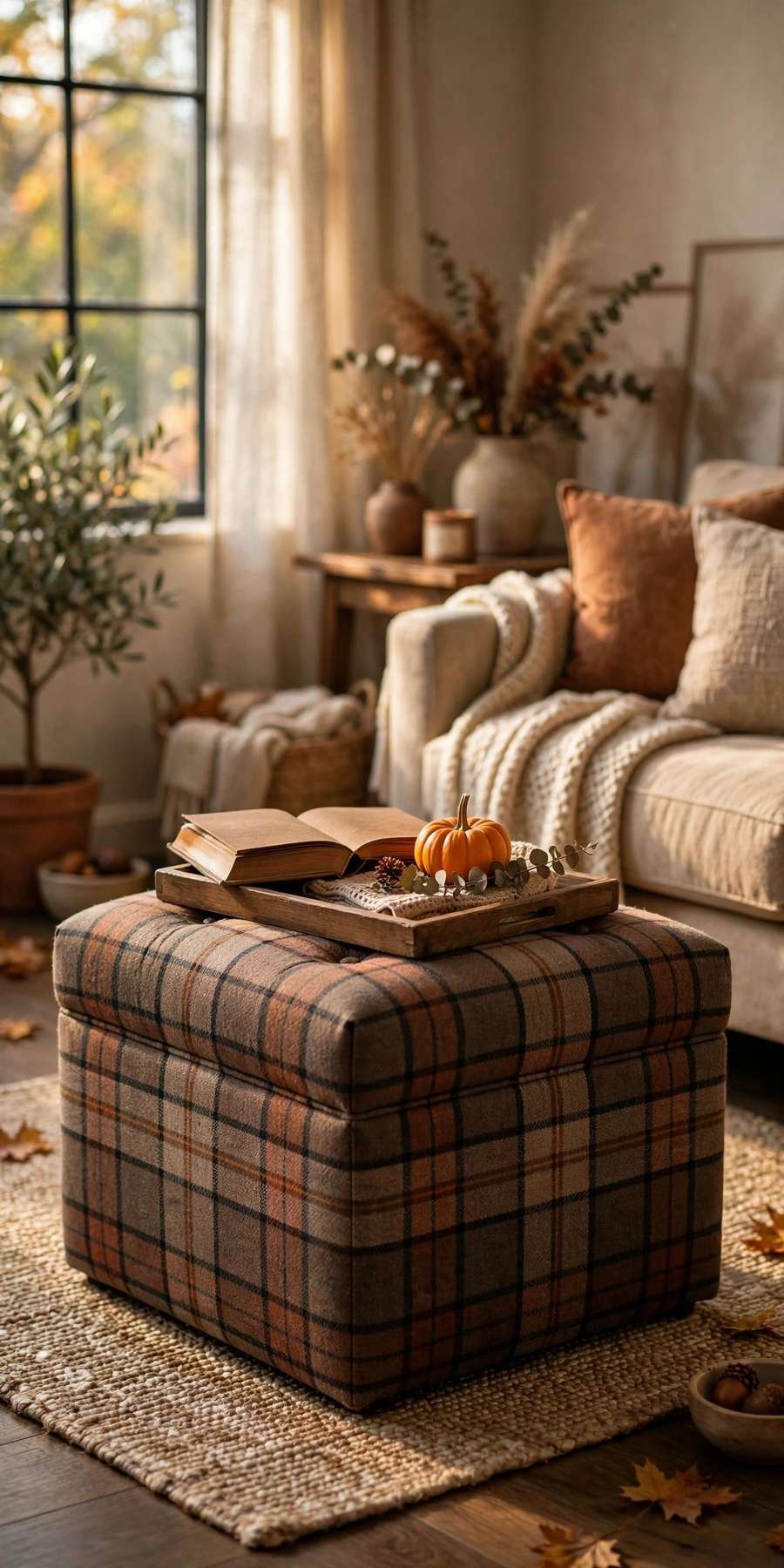 fall living room decor ideas: plaid ottoman with a tray, book and mini pumpkin