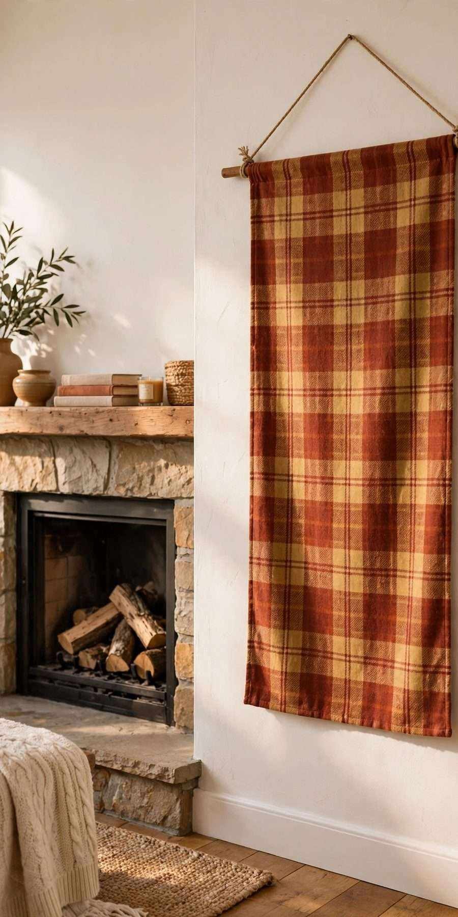 diy fall wall decor ideas: flannel plaid wall banner hanging beside a fireplace