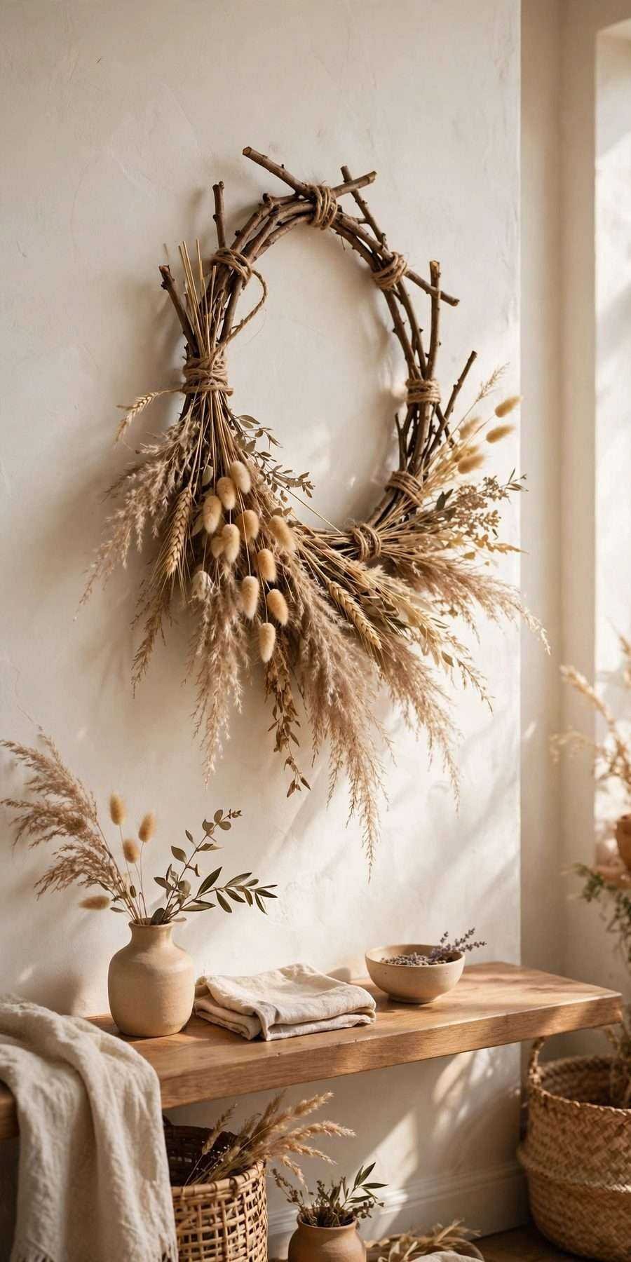 diy fall wall decor ideas: rustic twig wall hanging with dried grasses