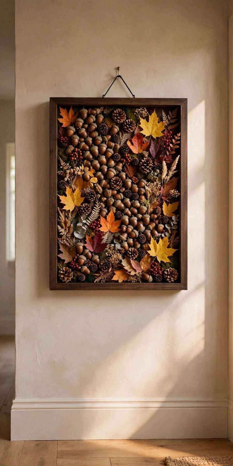diy fall wall decor ideas: acorn shadow box display on a hallway wall