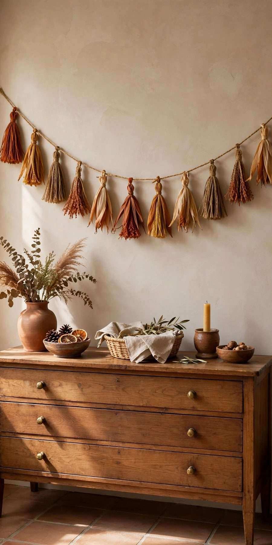 diy fall wall decor ideas: corn-husk tassel garland strung over a sideboard