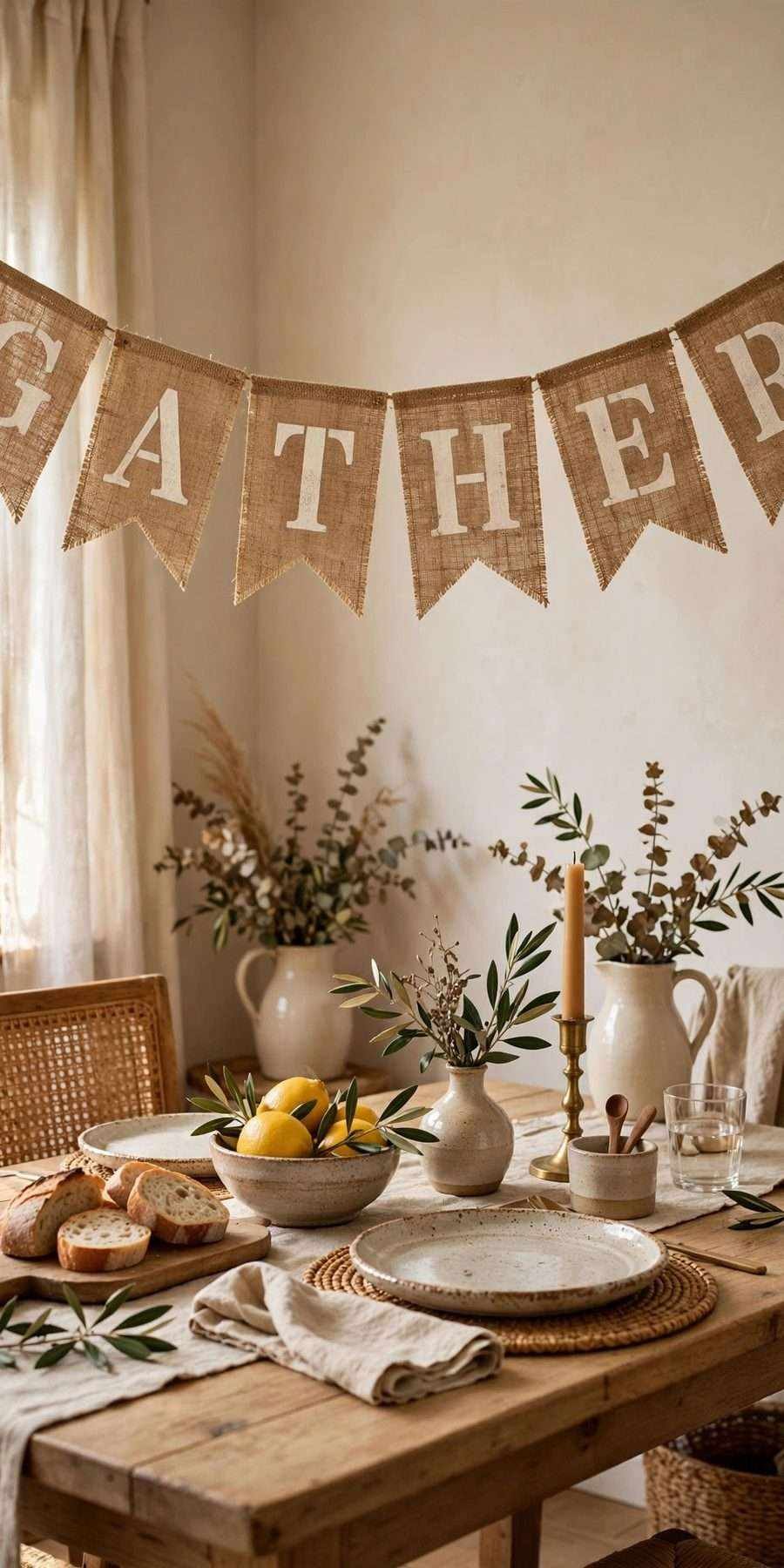 diy fall wall decor ideas: burlap GATHER letter banner on a dining room wall