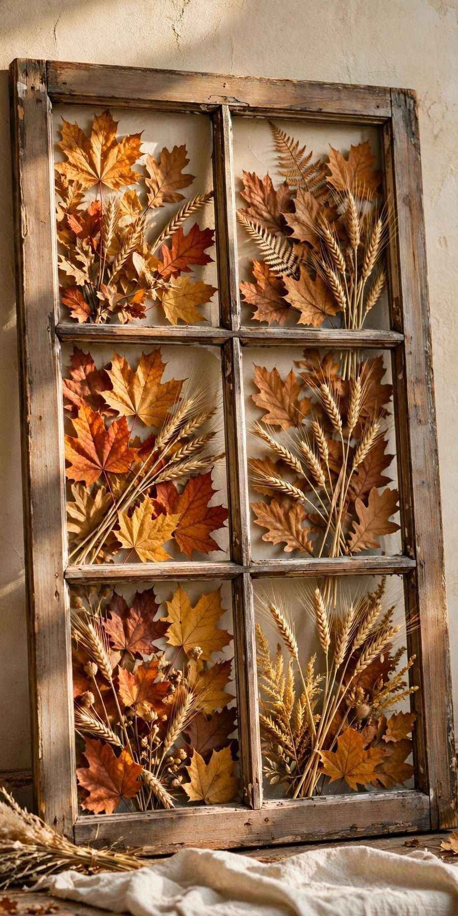 diy fall wall decor ideas: vintage window frame filled with fall leaves on a wall