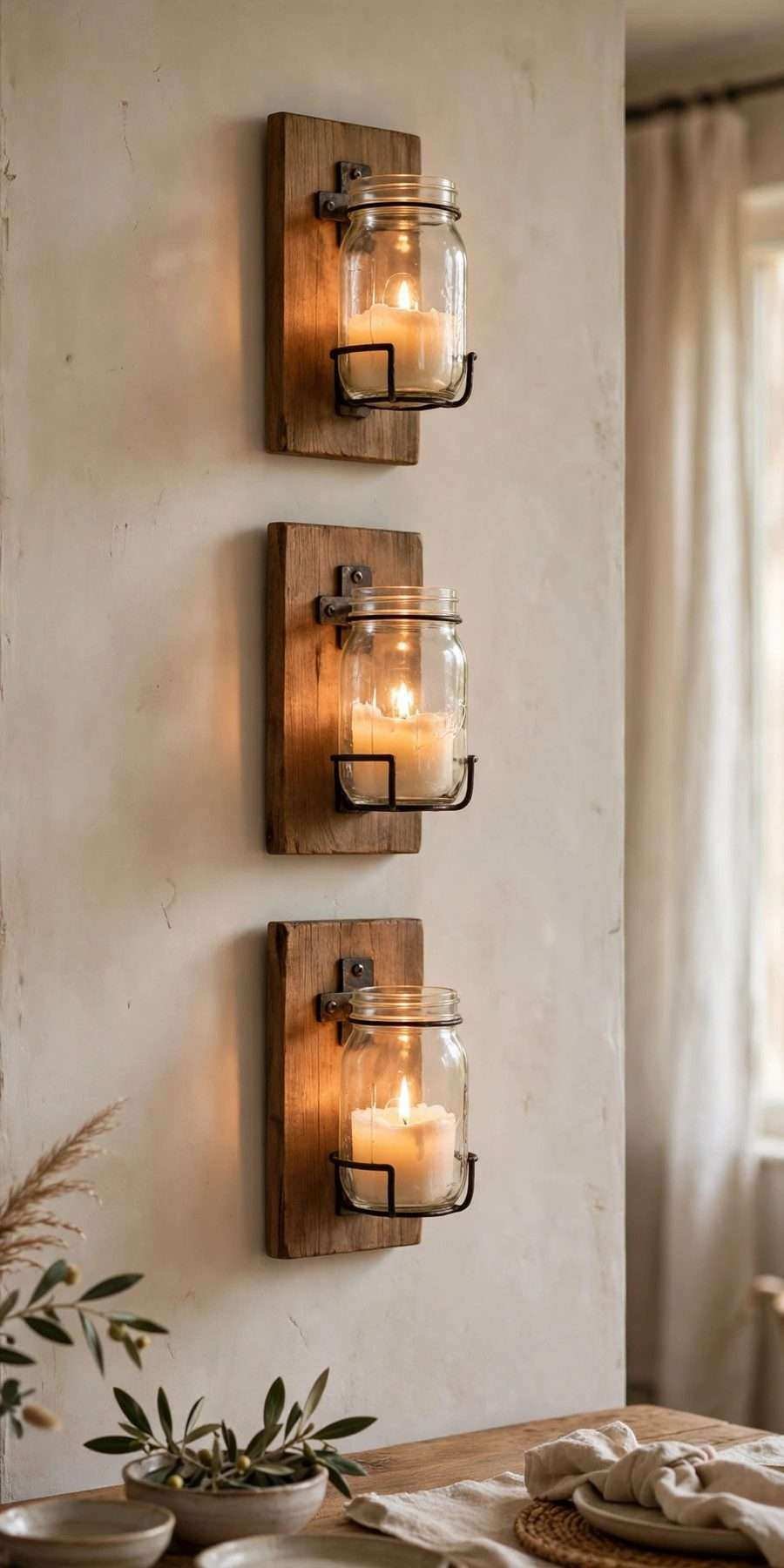 diy fall wall decor ideas: mason jar wall sconces glowing on a wall