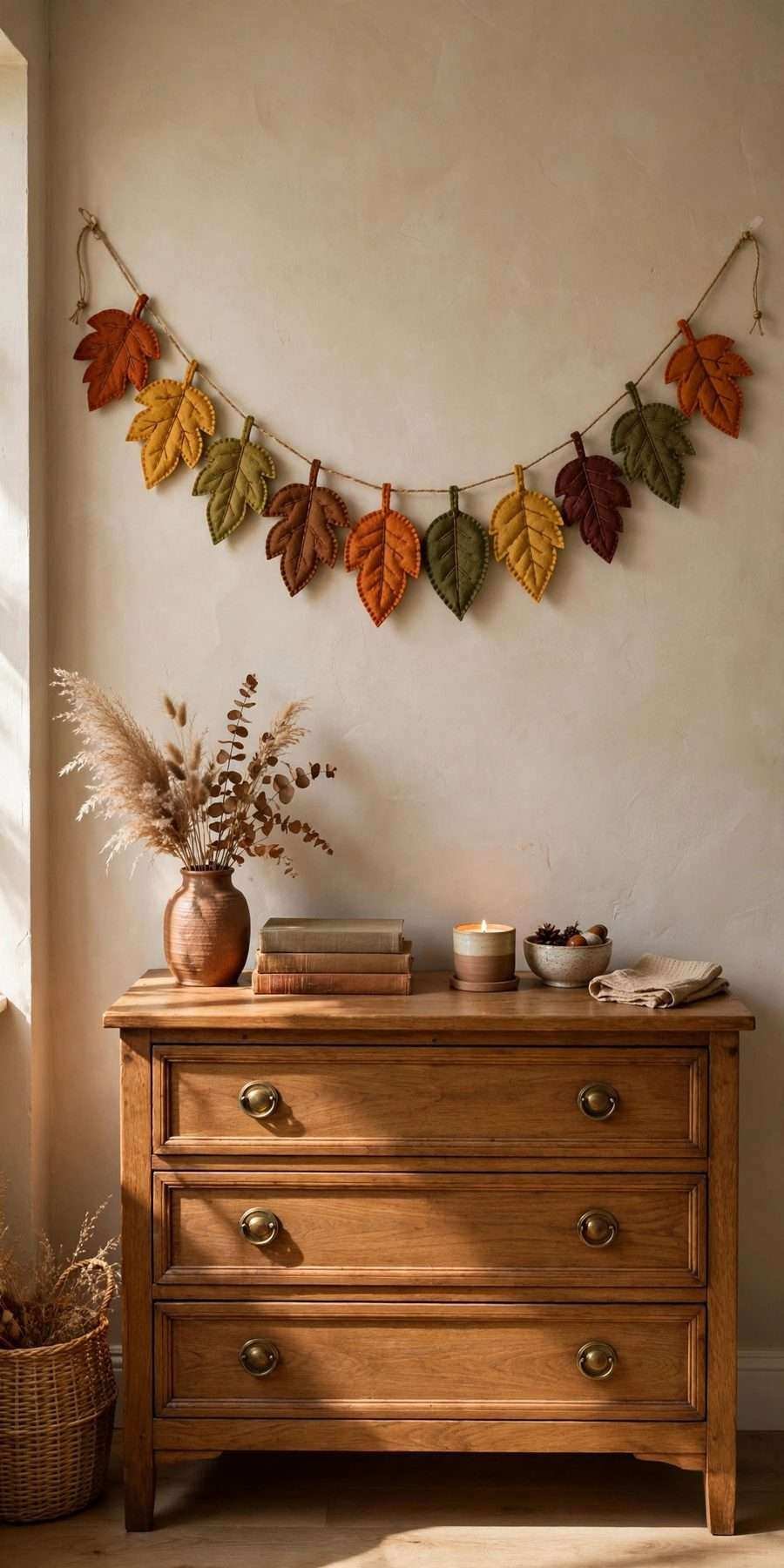 diy fall wall decor ideas: stitched felt leaf garland across a wall