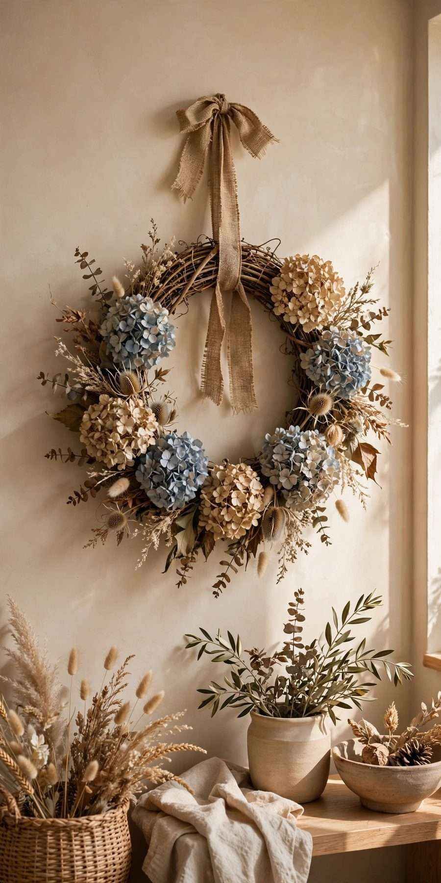 diy fall wall decor ideas: grapevine wreath with dried hydrangeas on a wall