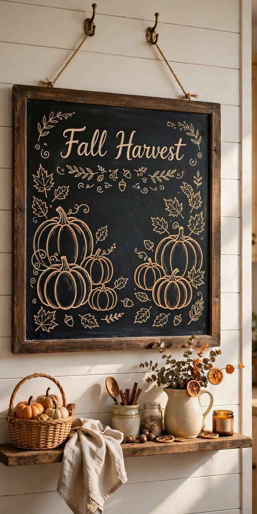 diy fall wall decor ideas: chalkboard art frame with fall drawings on a kitchen wall