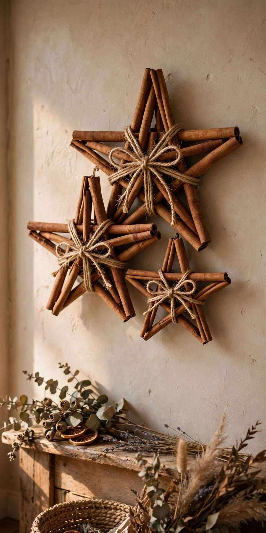 diy fall wall decor ideas: cinnamon stick star hangings on a wall