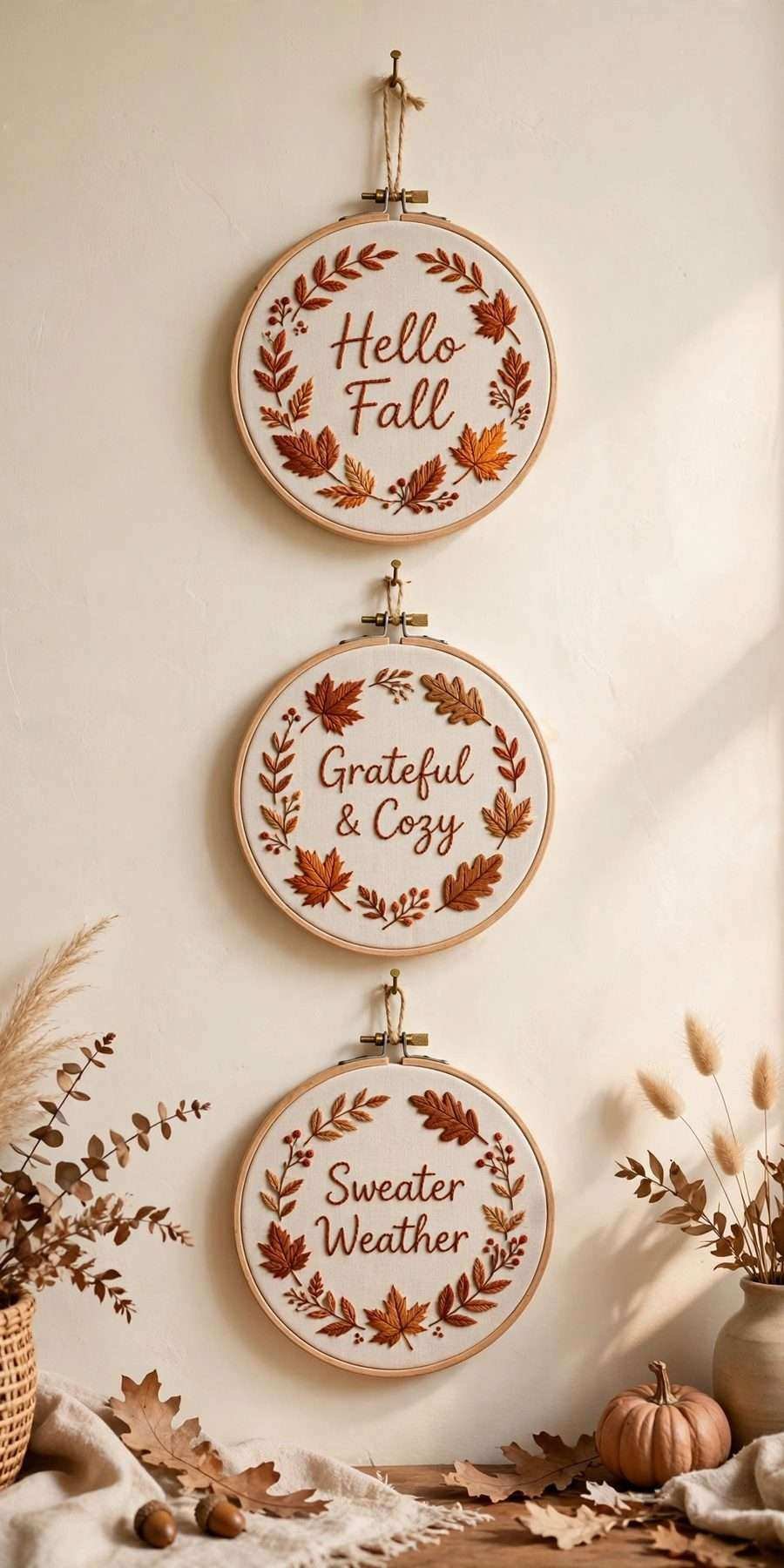 diy fall wall decor ideas: stitched fall quote embroidery hoops on a wall