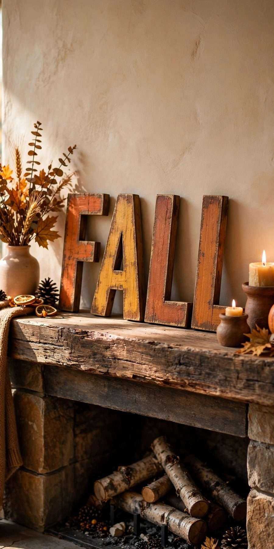 diy fall wall decor ideas: rustic FALL wooden letter tiles on a mantel wall