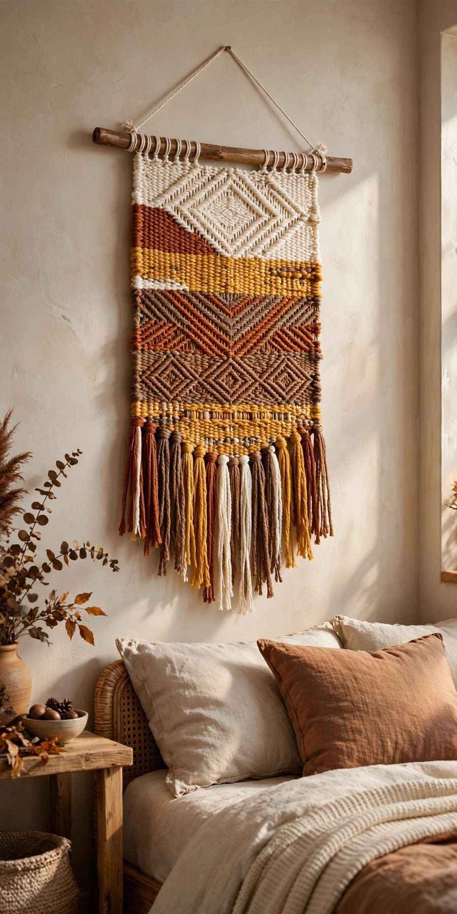 diy fall wall decor ideas: autumn yarn wall weaving hanging on a wall
