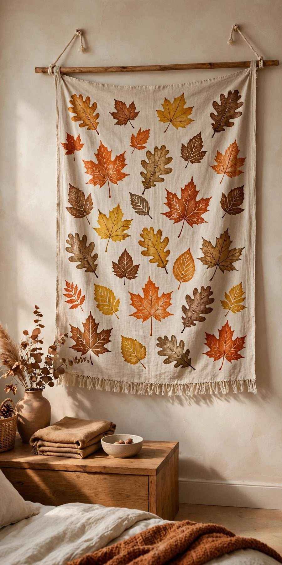 diy fall wall decor ideas: leaf-stamped fabric tapestry on a bedroom wall