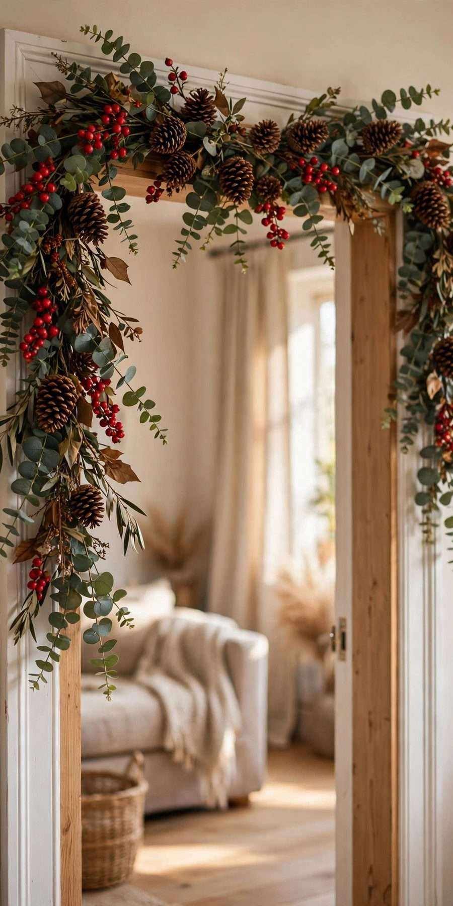 diy fall wall decor ideas: pinecone and berry swag over a doorway