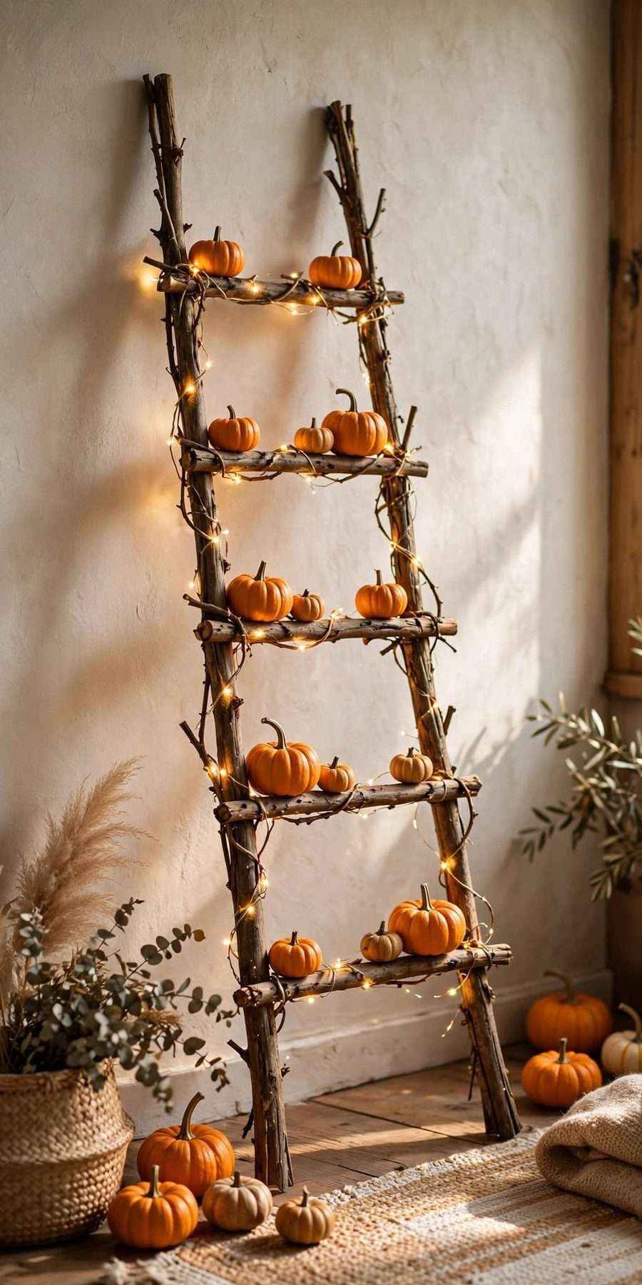 diy fall wall decor ideas: twig ladder wall display with pumpkins