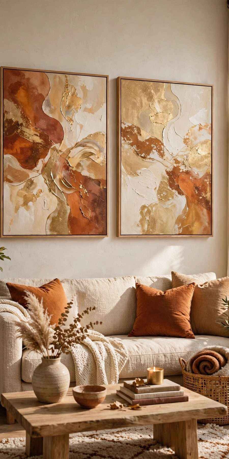diy fall wall decor ideas: abstract fall canvas art on a gallery wall