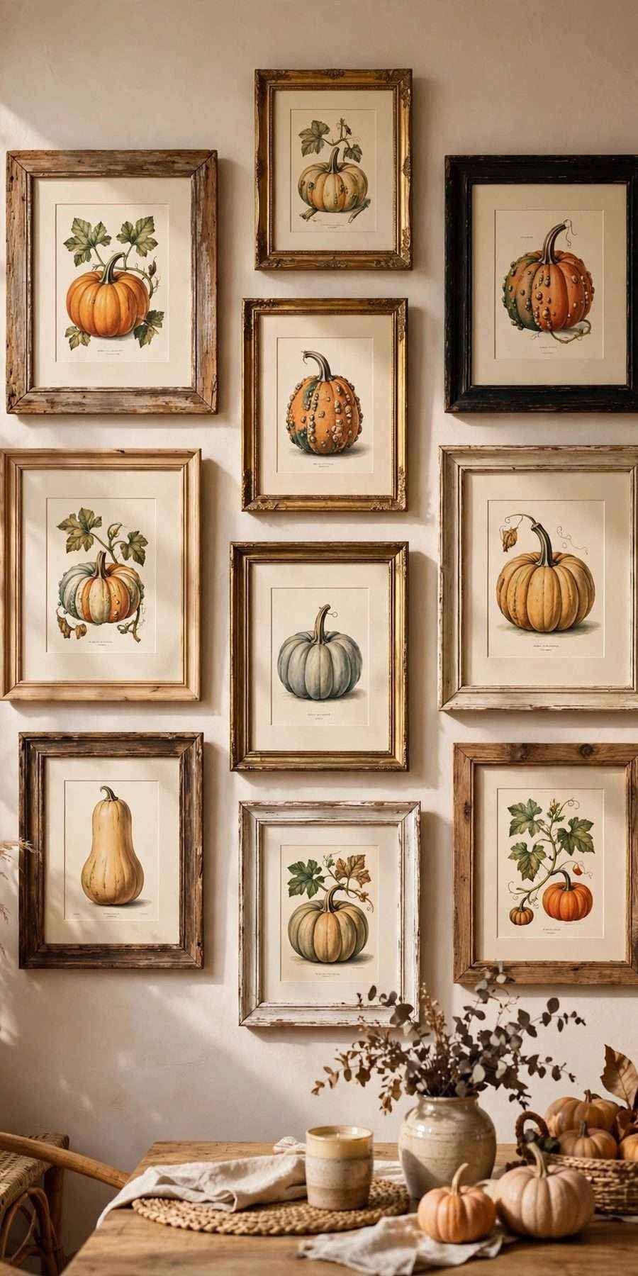 diy fall wall decor ideas: framed pumpkin print collage on a wall