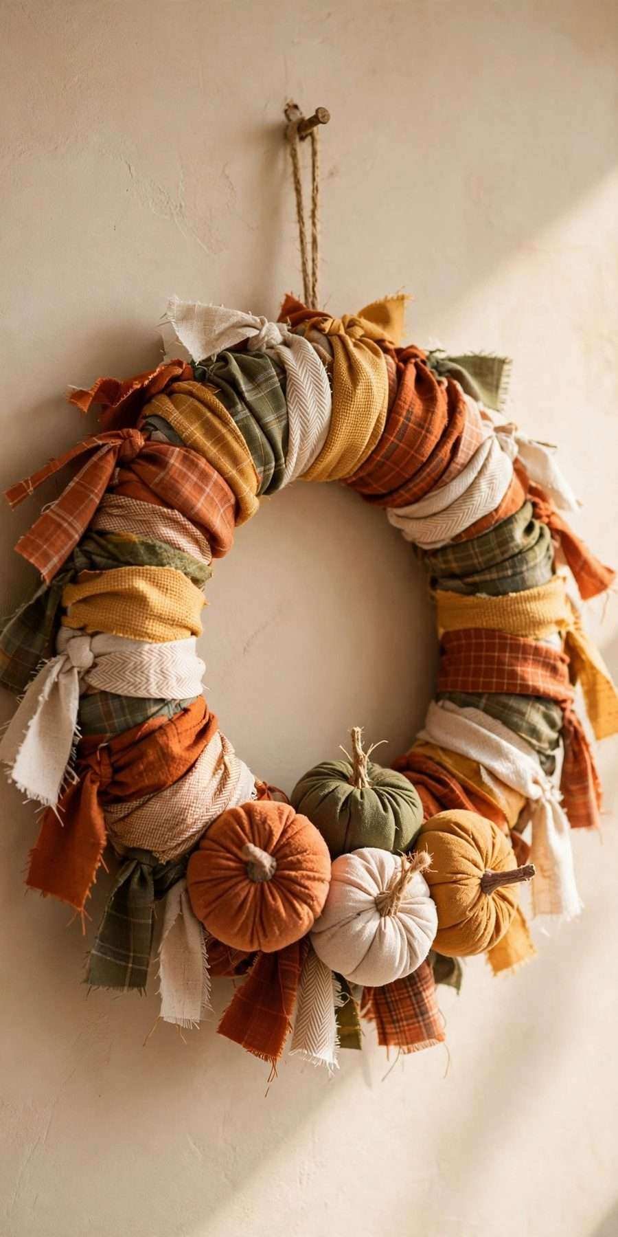 diy fall wall decor ideas: fabric pumpkin wreath on a wall