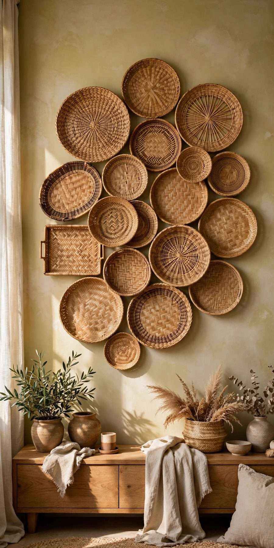 diy fall wall decor ideas: woven basket wall collage in a living room