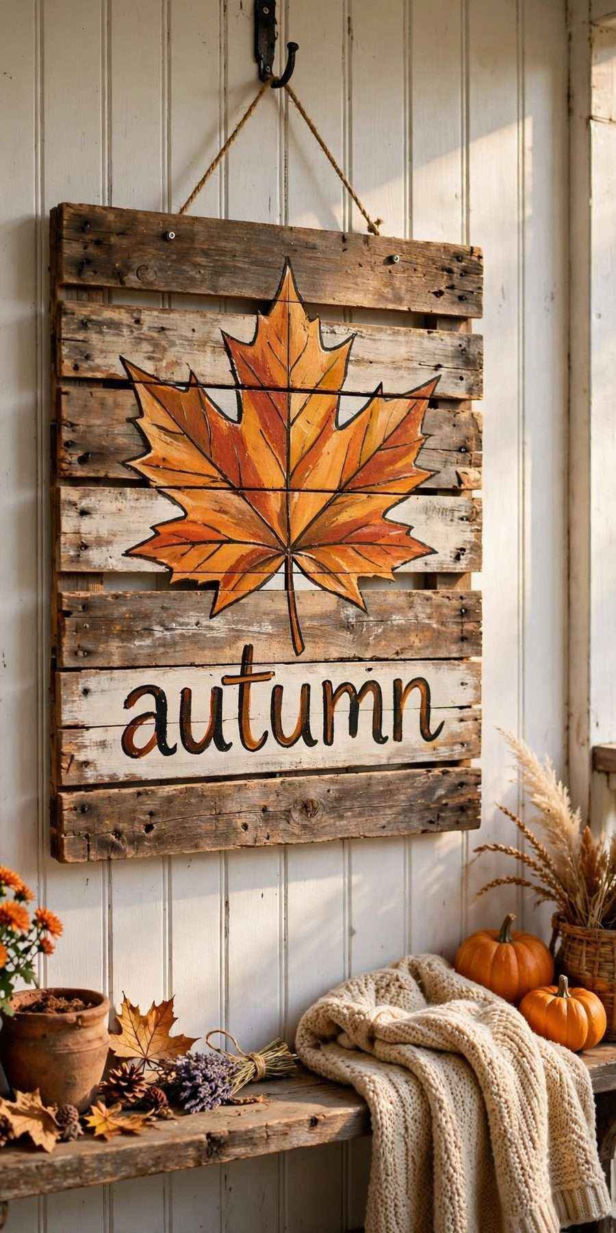 diy fall wall decor ideas: pallet wood leaf sign on a porch wall