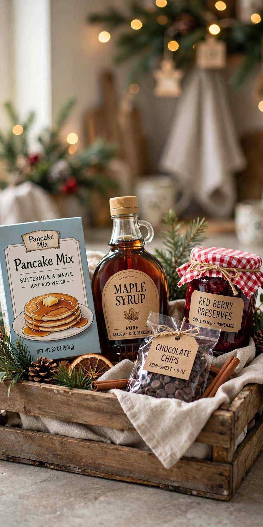 christmas gift baskets: christmas morning breakfast basket with pancake mix and syrup