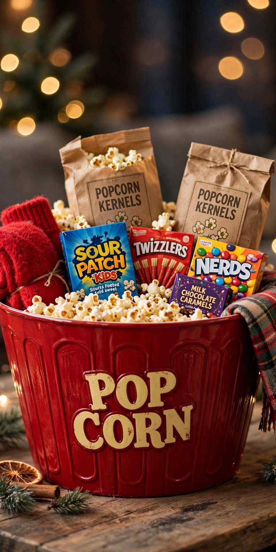 christmas gift baskets: movie night gift basket with popcorn, candy and cozy socks