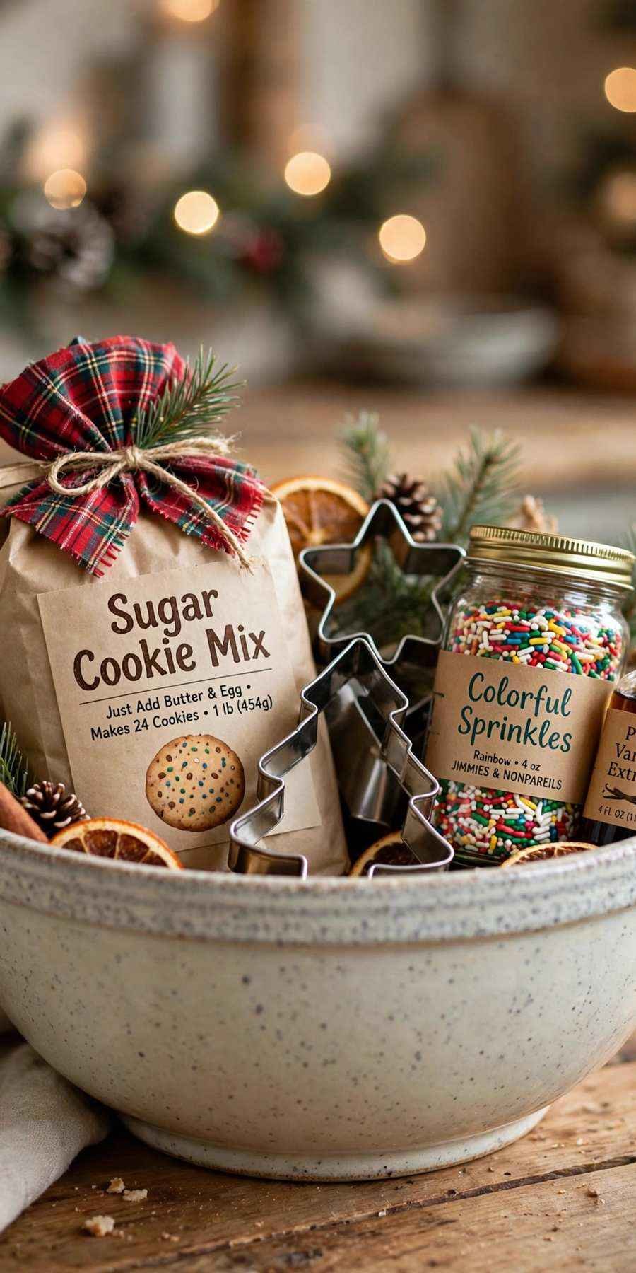 christmas gift baskets: baker's basket with cookie cutters, sprinkles and mix in a bowl