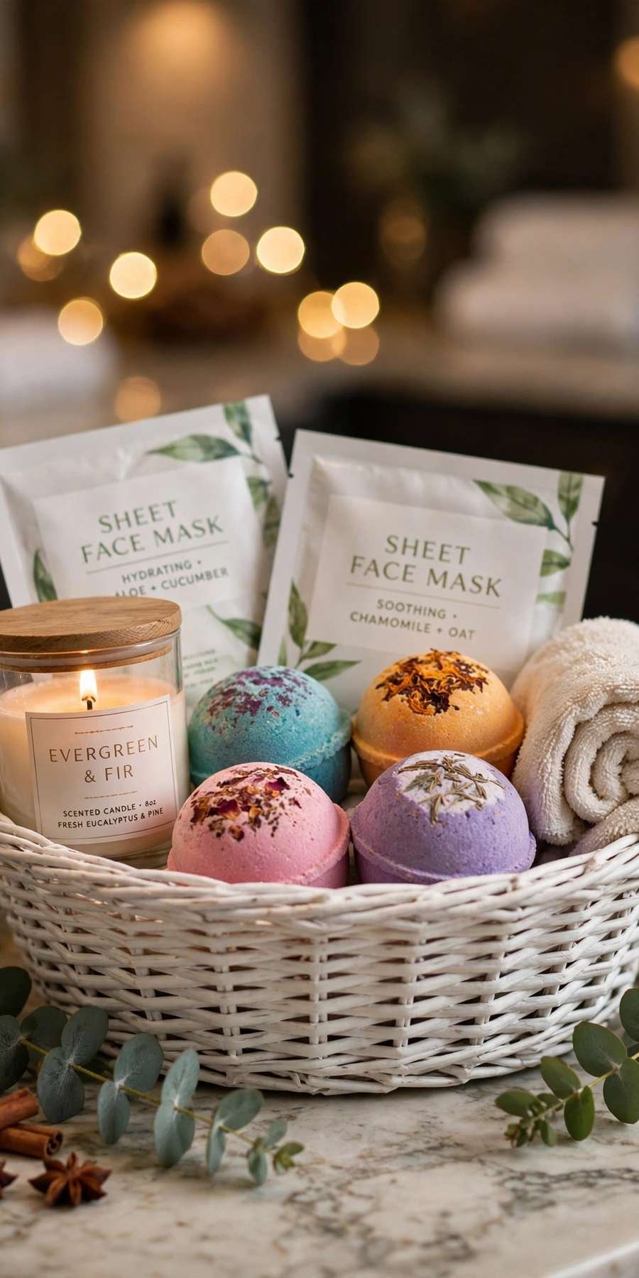christmas gift baskets: spa and self-care basket with bath bombs and candle
