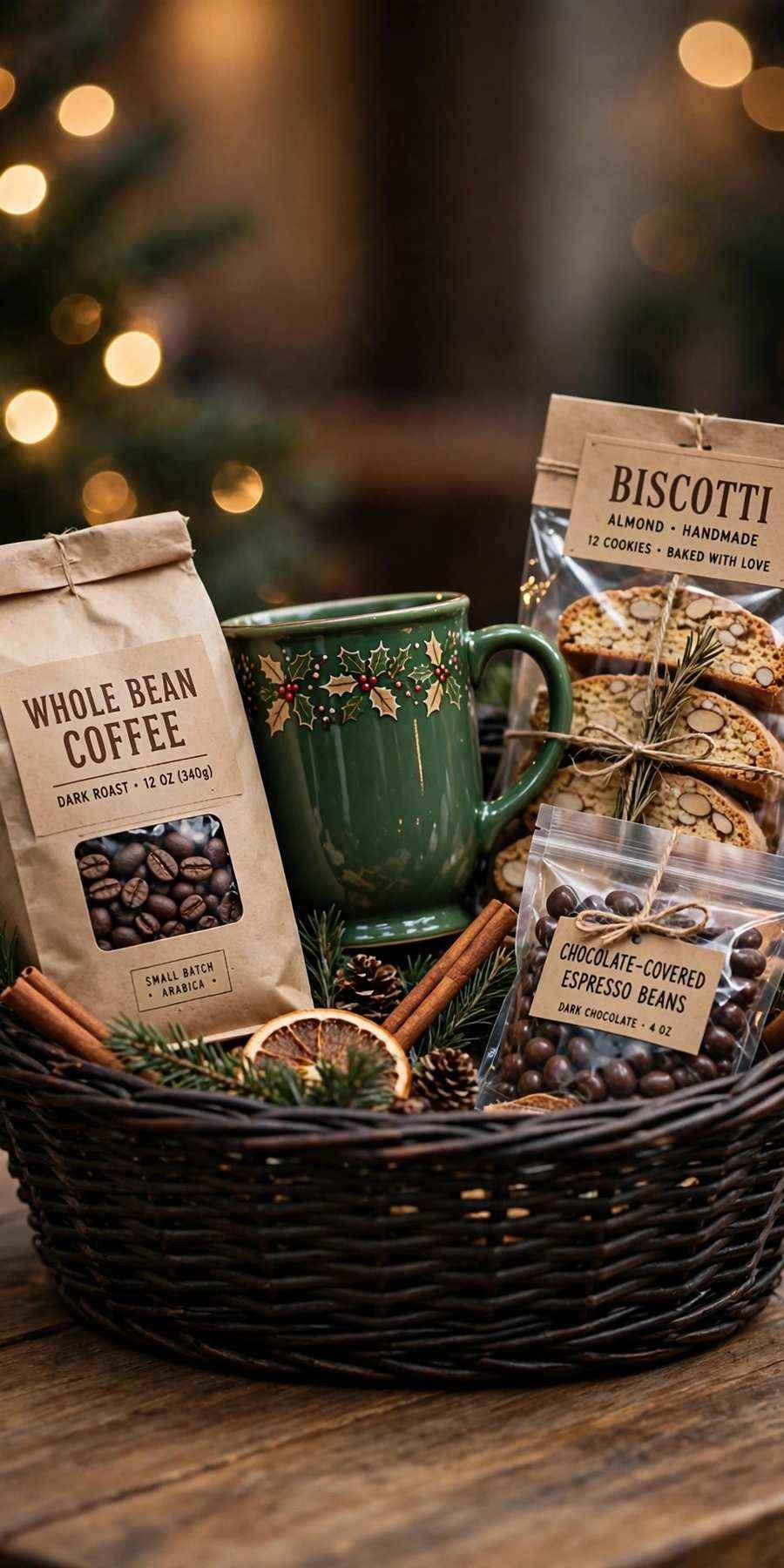 christmas gift baskets: coffee lover's basket with whole beans, mug and biscotti