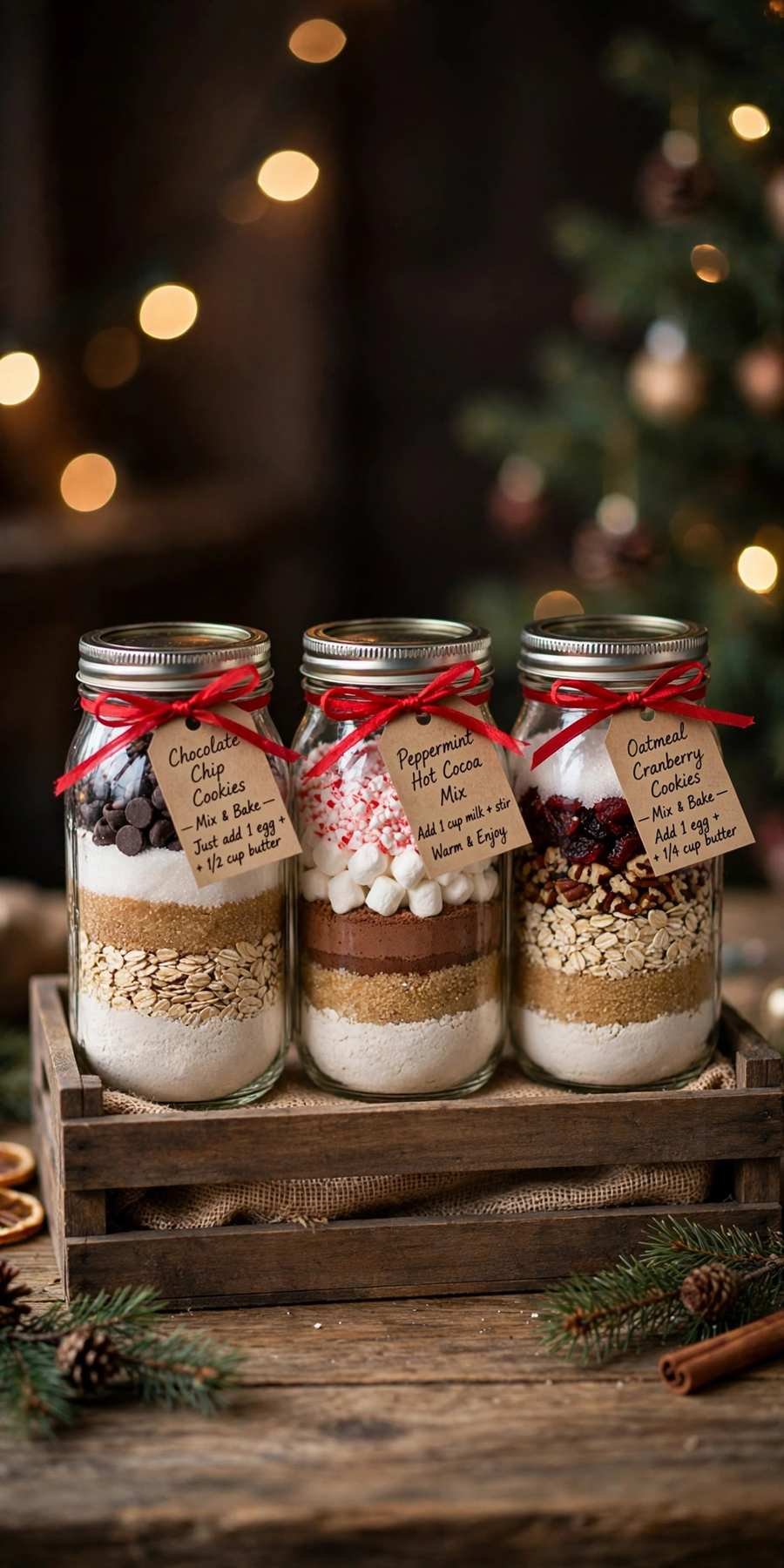 christmas gift baskets: mason jar mini gift baskets with layered mixes and tags