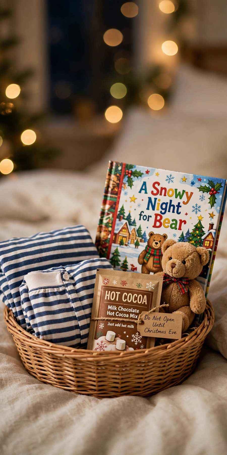 christmas gift baskets: kids' christmas eve basket with pajamas, book and toy