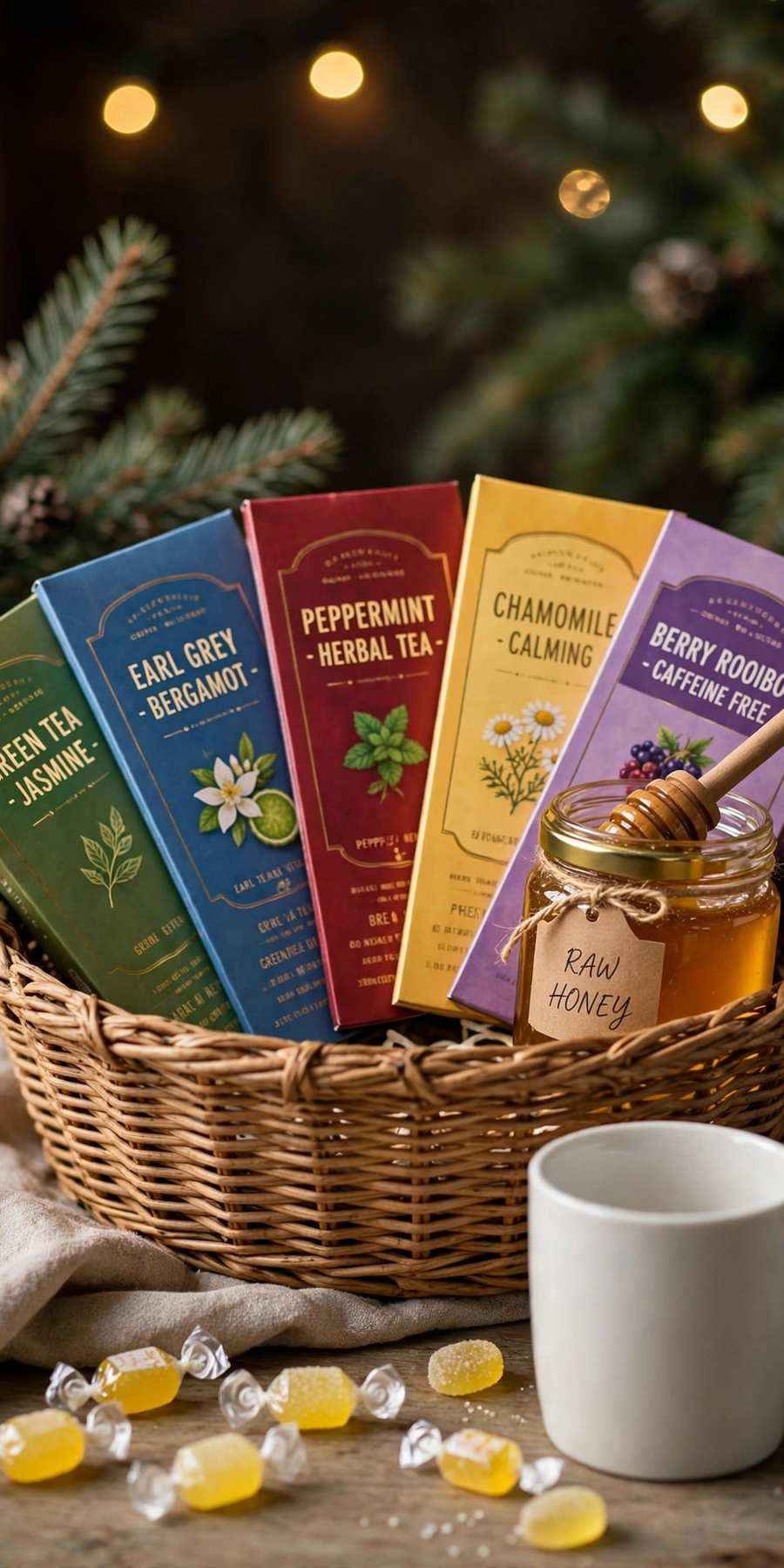 christmas gift baskets: tea lover's basket with assorted teas, honey and mug