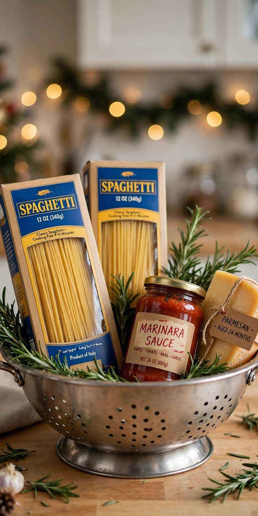 christmas gift baskets: italian pasta night basket with pasta, sauce and parmesan