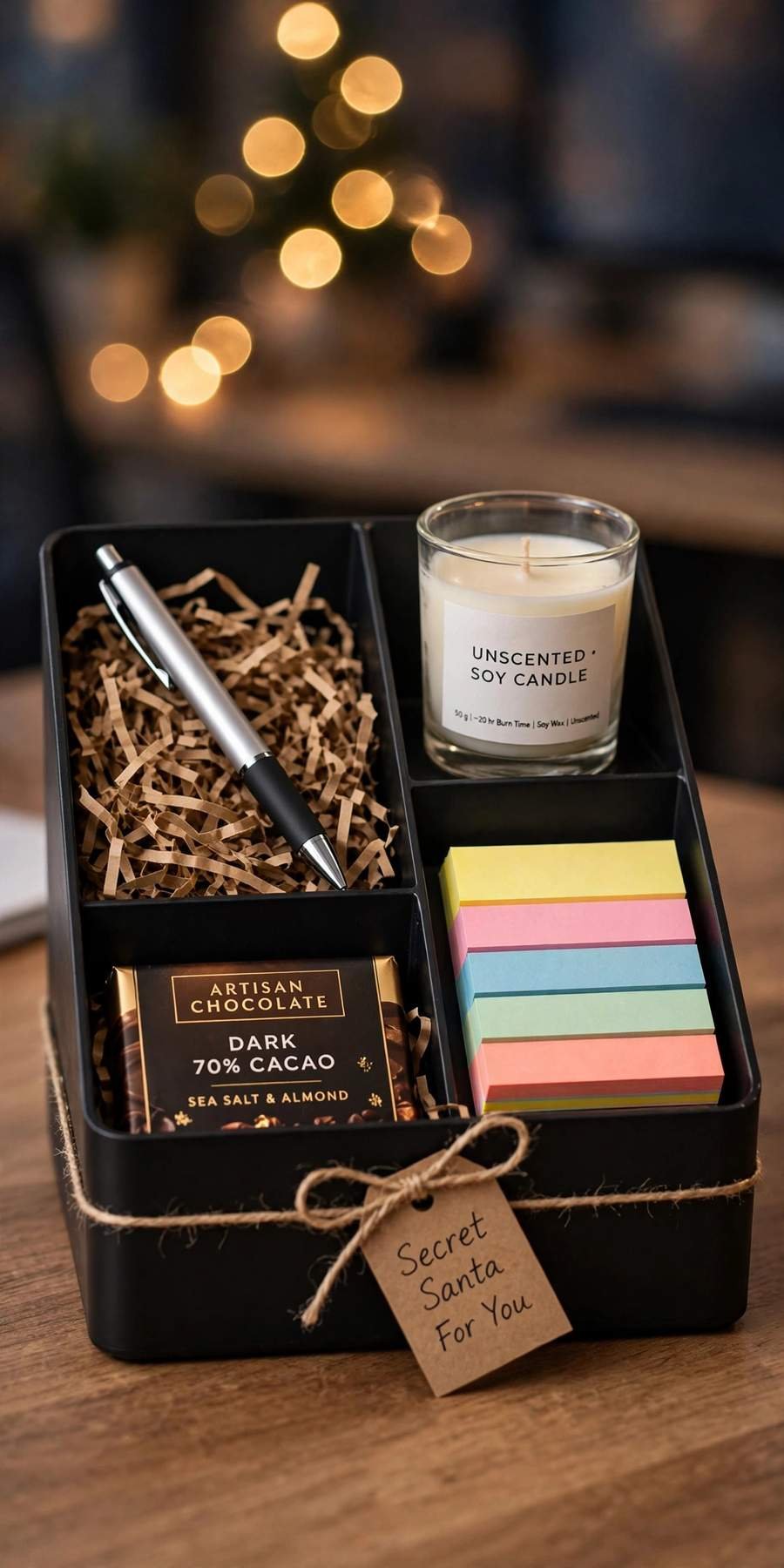 christmas gift baskets: office secret santa desk basket with pen, candle and chocolate