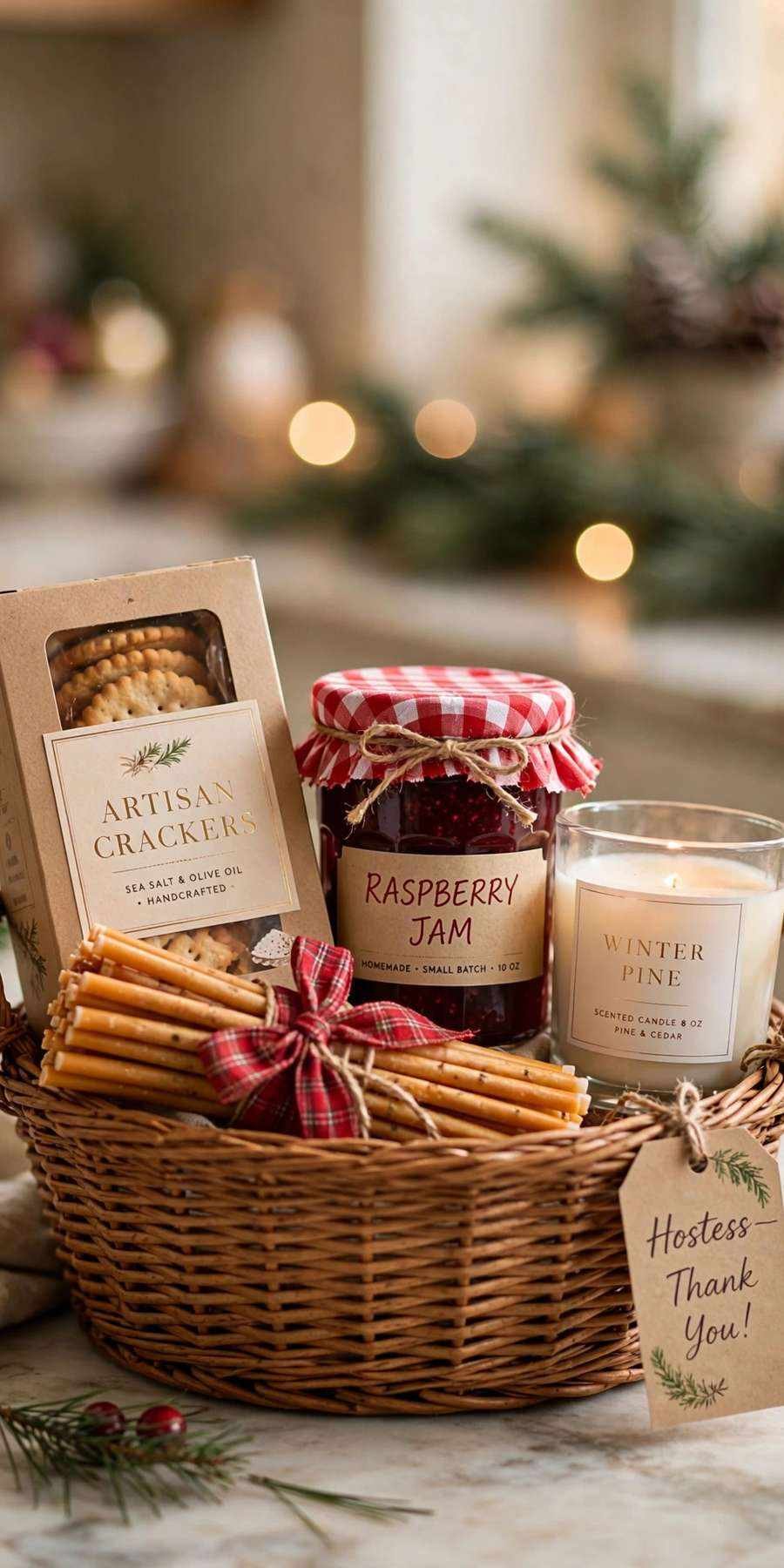christmas gift baskets: hostess thank-you basket with crackers, jam and candle