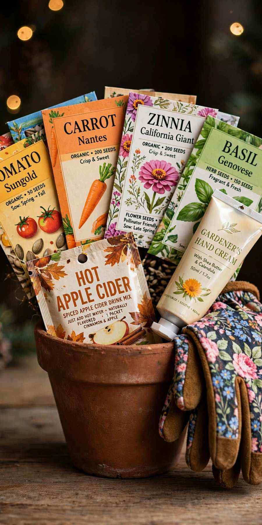 christmas gift baskets: gardener's winter basket with seed packets and gloves