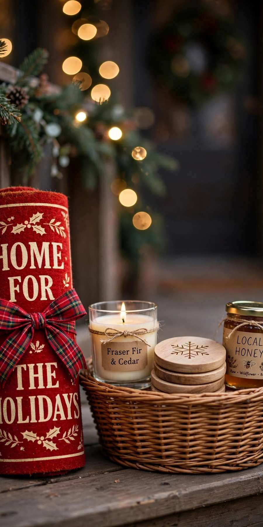 christmas gift baskets: new homeowner basket with doormat, candle and coasters