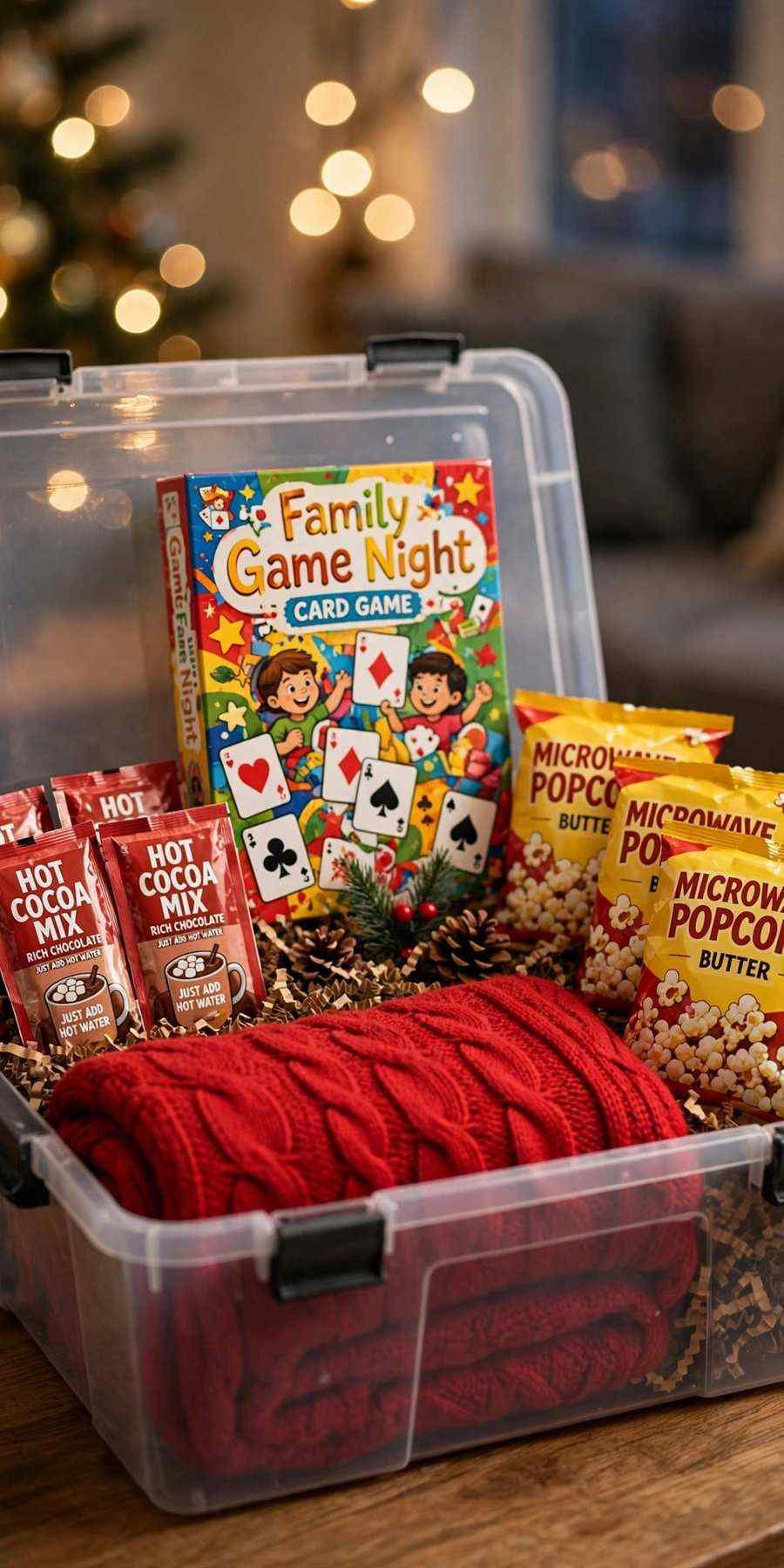 christmas gift baskets: family game night basket with card game, popcorn and cocoa